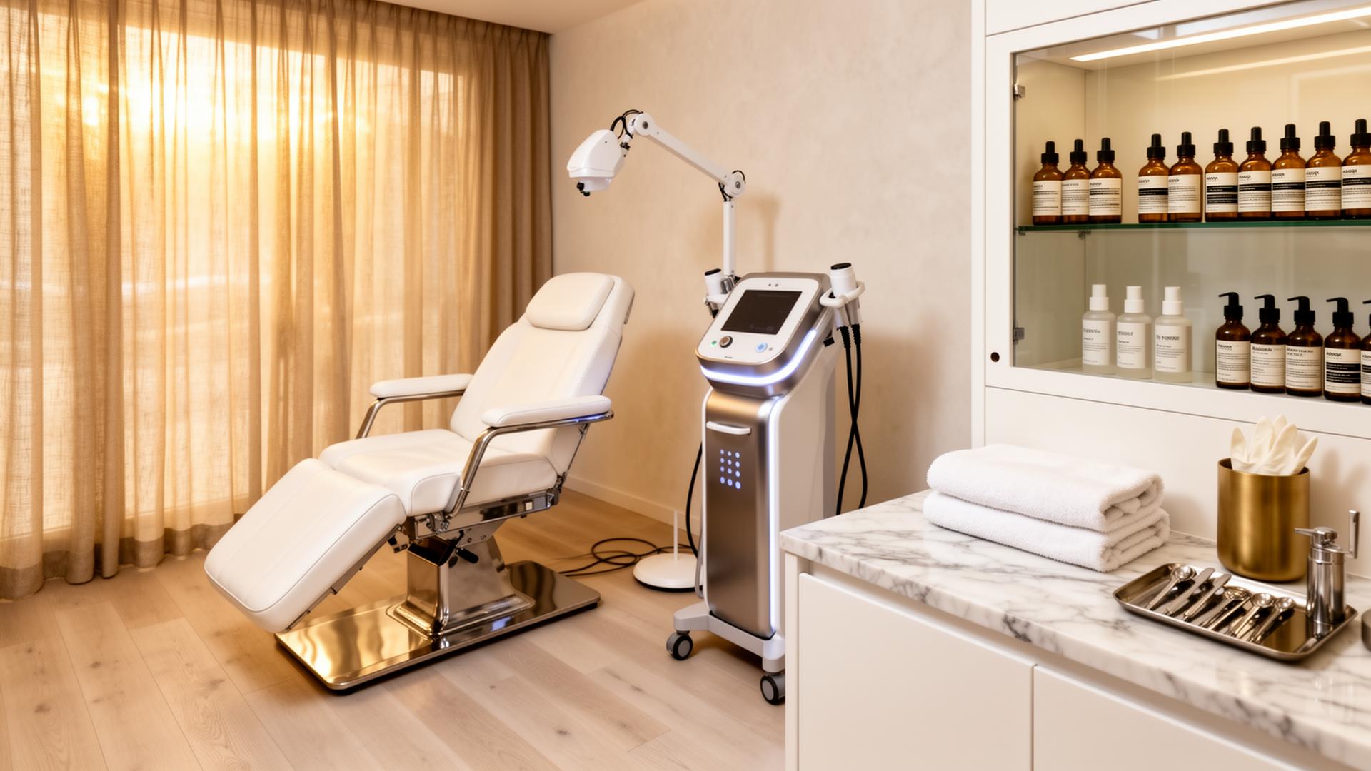 THEIA treatment room — warm champagne light on raw plaster